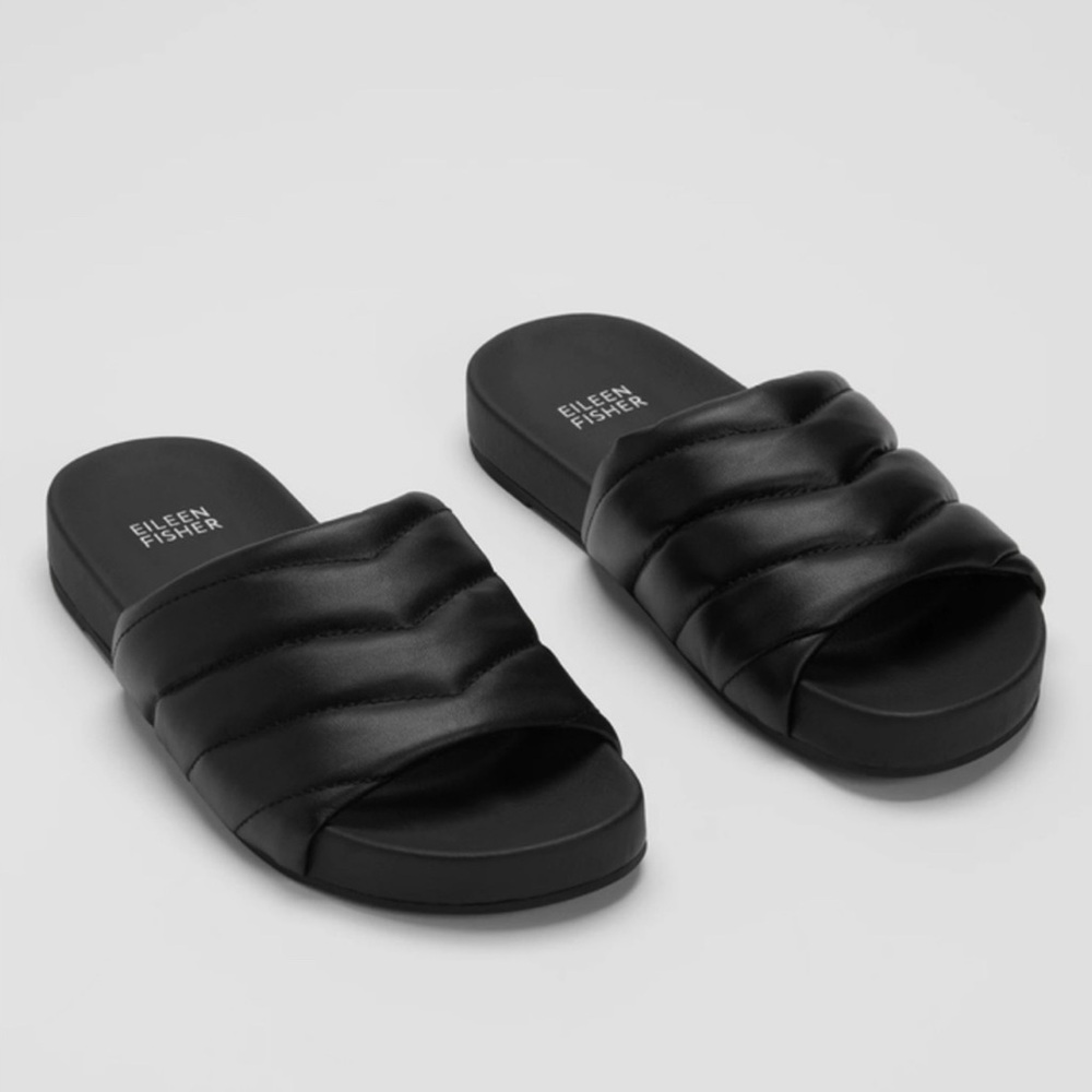 NEW Eileen Fisher Haze Black Nappa Leather Slide Sandal Quilted Size 8 Comfy